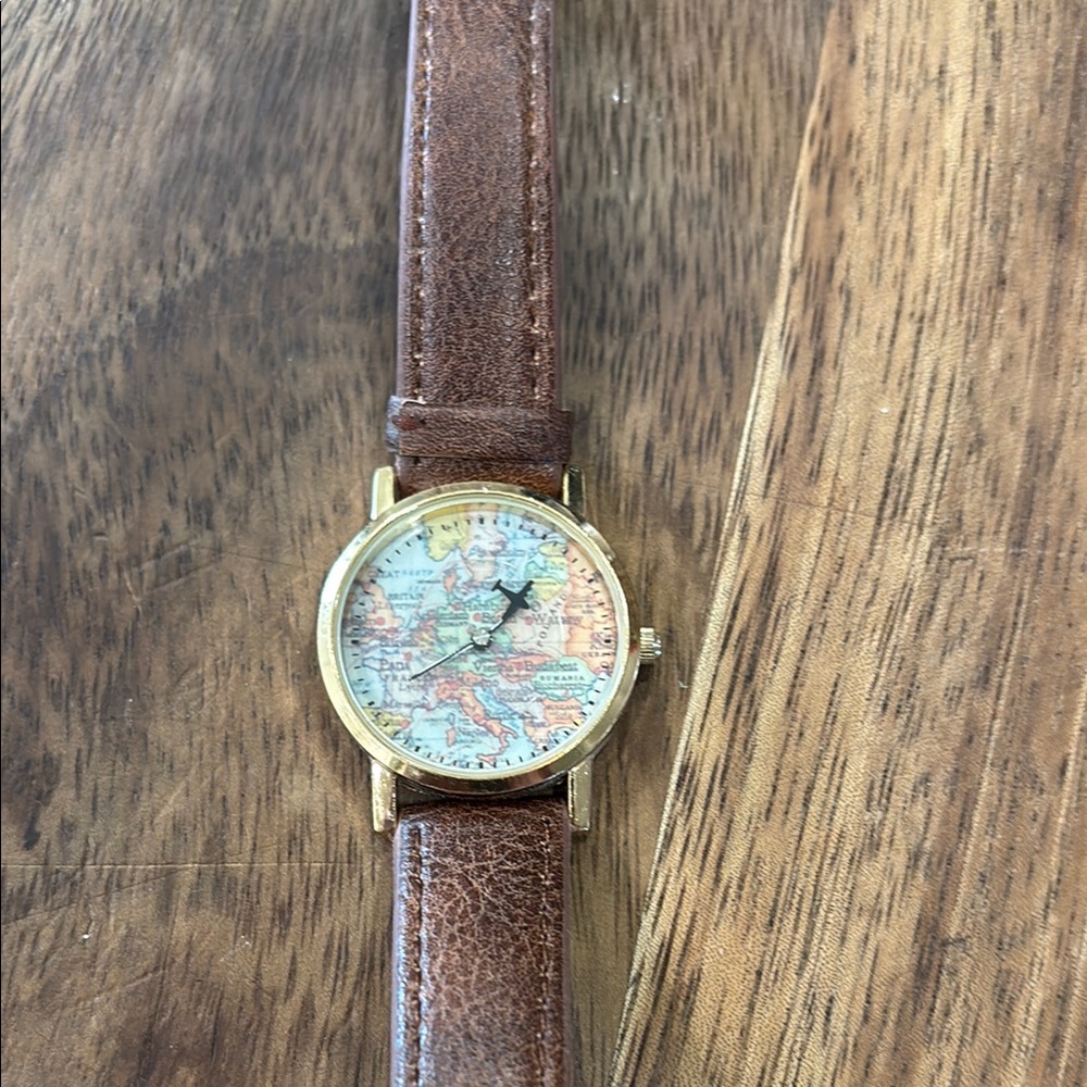 NWOT Brown Leather Strap Watch with Map Dial